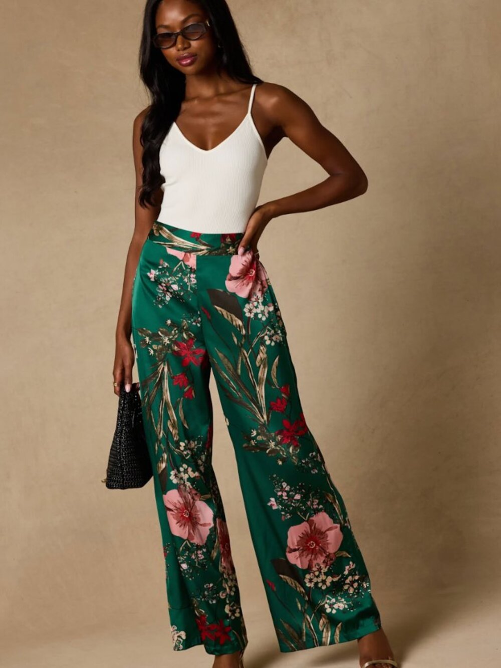 Lulus Thriving Vibes Green Floral Print Satin Wide-Leg Pants: NWT, Medium